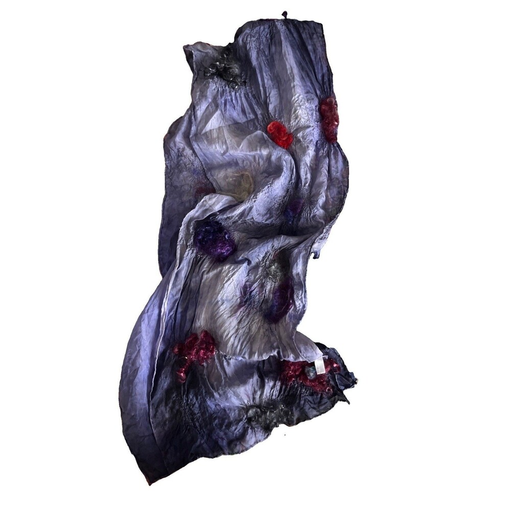 100% Silk Scarf Purple With Contrasting Multi Color Fuzzy Circle Designs Nuno